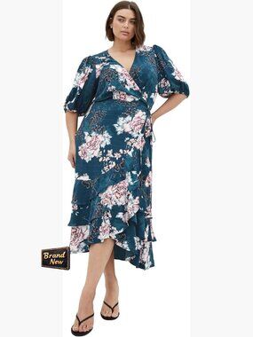 Floral Wrap Midi Dress - Plus Size Ruffle Bubble Sleeve V-Neck